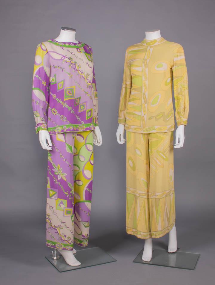 TWO PUCCI SILK ENSEMBLES, ITALY, 1968-1970: Both silk crepe & w/ label "Emilio Pucci Florence Italy, 100% Pure Silk": 2-pcs in shades of purple, green, cream & chartreuse c/o of blouse w/ French cuff & CB self-covered button closures, matching
