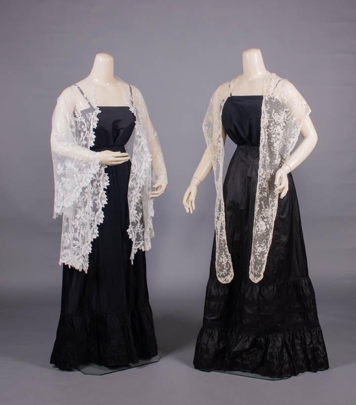 ONE LACE RUN & ONE BOBBIN LACE SHAWL, 1840s: 1 white semicircular hand embroidered lace run net shawl, Wd 79", L 14"-30", (0.25"-0.5" wear spots in net, tiny pulls to embroidery); 1 applied bobbin lace on cotton tulle shawl or for hat or hair or