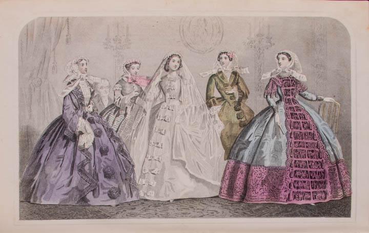 ONE BELLE ASSEMBLEE & ONE GODEYS, LONDON & PHILADELPHIA, 1847 & 1860: 1 Belle Assemblee w/ 2 plates present for every month, January - December 1847, 6.375" x 9.875" x 2.5", (cover worn, spine detaching & taped, foxing/stains to pages, minor chipping) cover poor, interi