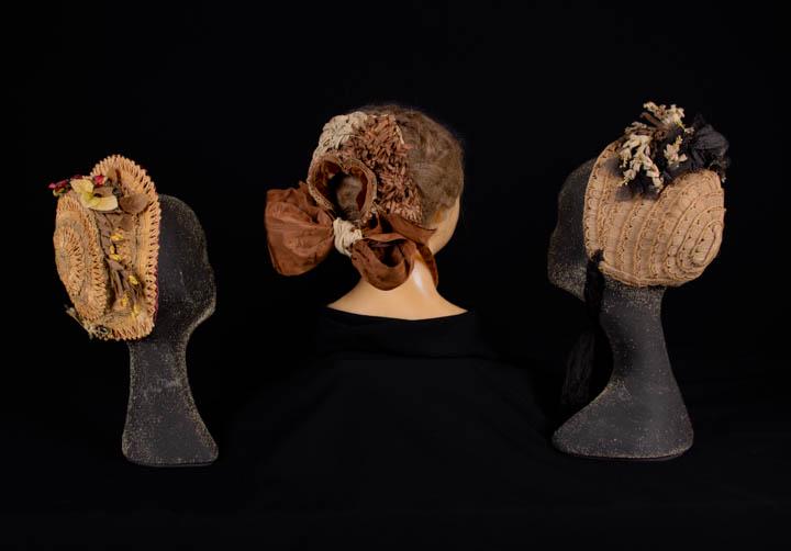 THREE WOVEN STRAW HATS OR BONNETS, 1870s (1 of 10)