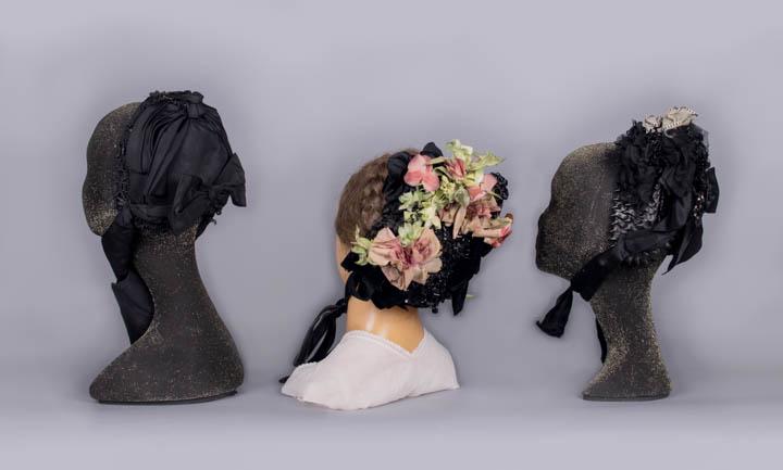 THREE STRAW OR SILK BONNETS, 1870-1880s (1 of 9)
