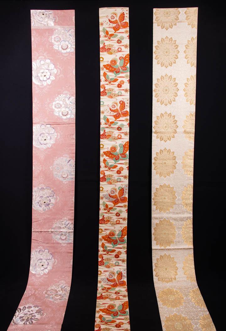 THREE BROCADED SILK & METALLIC OBI, 20TH C (1 of 10)