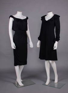 CEIL CHAPMAN & PAULINE TRIGERE COCKTAIL DRESSES, AMERICA, 1960s: 1 black silk tricot dress w/ bateau neckline, rattail looped fringed bodice, fitted calf length skirt w/ asymmetrical gathering into CF W, 1960s, label "Ceil Chapman", B 34", W 25", L 43"-46", (three