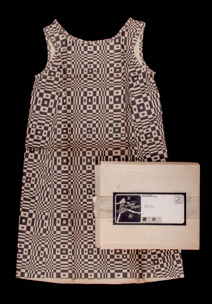 SCOTT PAPER OP ART PAPER CAPER MINI DRESS, AMERICA, 1966: Scott Paper Company shift was an advertising gimmick used to promote the companyâ€™s disposable tableware collection in 1966, label "Paper Caper by Scott", B 38", L 37.5" size S, box 13.75" x 11.