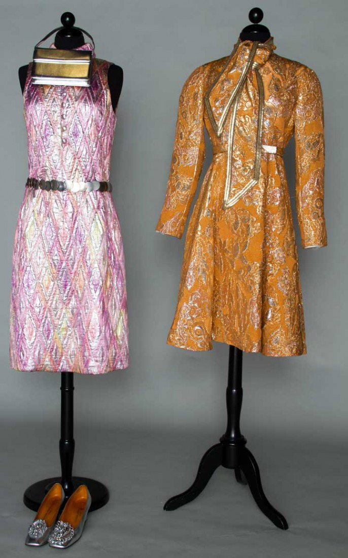 TWO DESIGNER LAME COCKTAIL DRESSES, 1960s: 1 diamond pattern w/ silver lame & sherbert silks, sleeveless "Christian Dior Paris Boutique", belt w/ overlapping silver discs, t/w silver kid pumps & evening bag, B 34", W 31", L 42", low waist belt