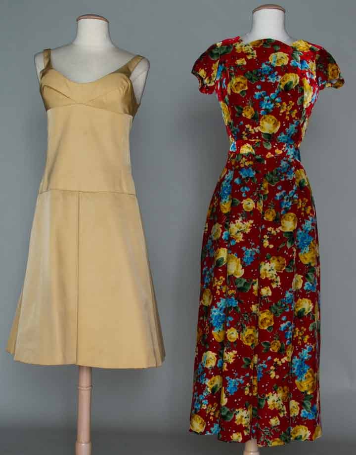 TWO BOLHAGEN PARTY DRESSES, 1958 & 1960: 1 1958 long gown of floral printed red silk velvet & matching bolero, CF & CB inverted pleat skirt, inset shaped waistband, cap sleeves & black silk gauze lining, B 36", W 24", L 50", Bolero L 13"; 1 