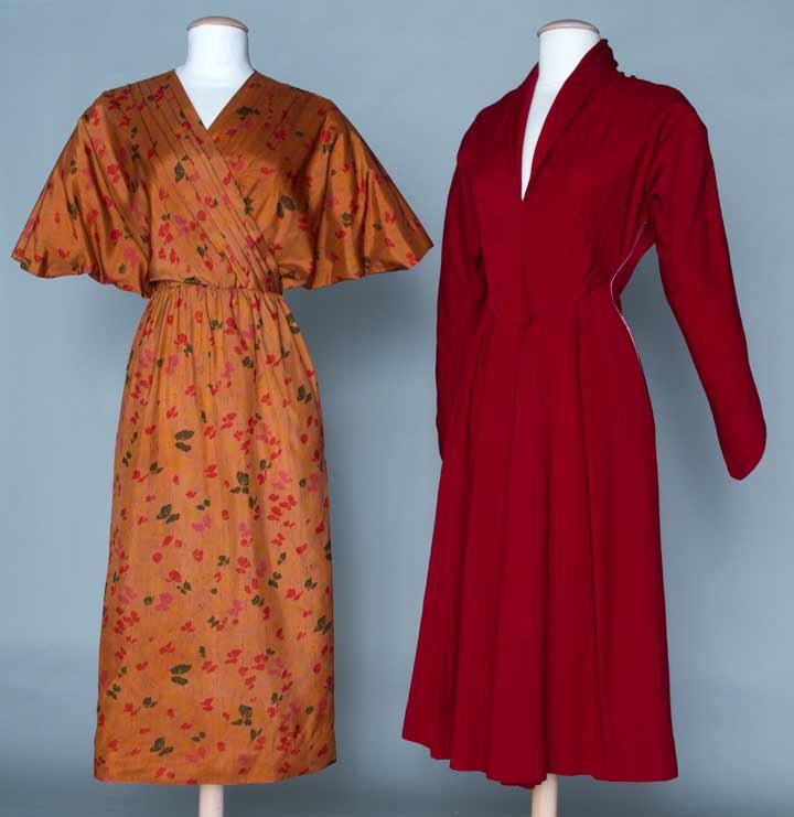 TWO CLAIRE MCARDELL DAY DRESSES, 1948 & 1952: Both labeled "Claire Mcardell clothes by Townley" & w/ side pockets: 1 1948 cranberry wool, long dolman sleeve, narrow V shawl collar, fitted bodice to CF & CB, V waist, gored skirt w/ CF & CB inverte