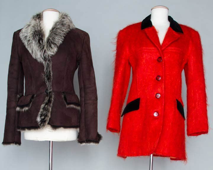GUCCI & ANNA SUI JACKETS, LATE 20TH C: 1 "Gucci" dark brown suede w/ long salt & pepper faux fur lining, shawl collar, 2 front flap pockets, fitted, size 42 & 1 "Anna Sui" tomato red mohair, black velveteen collar, faux pocket flaps & cuff
