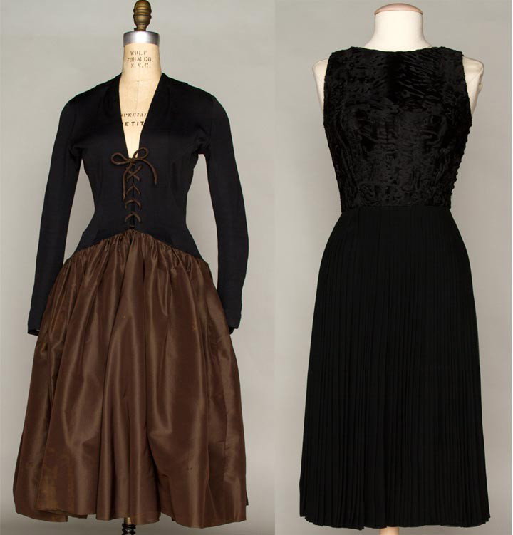 TWO NORELL COCKTAIL DRESSES, 1959-1967: 1 1967 laced black jersey top & full brown silk faille skirt, label "Norman Norell for I. Magnin", B 34", W 26", L 46" ; 1 1959 black sleeveless dress, broadtail bodice & accordion pleated chiffon ski