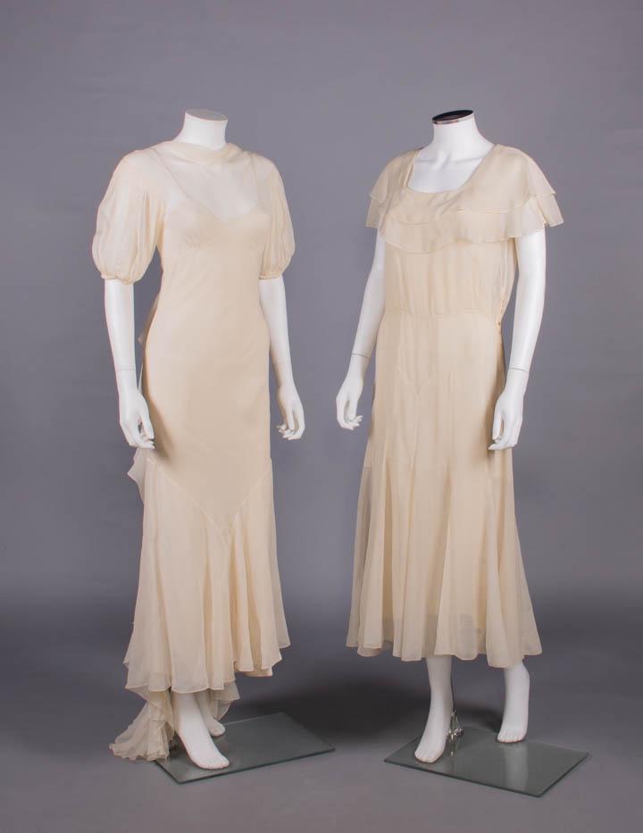 TWO SILK CHIFFON OR CREPE EVENING DRESSES, LATE 1920-1930s (1 of 10)