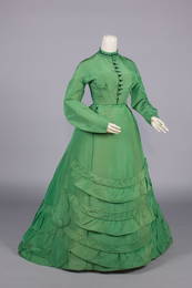 WOOL & SILK BOMBAZINE DAY DRESS, c. 1868