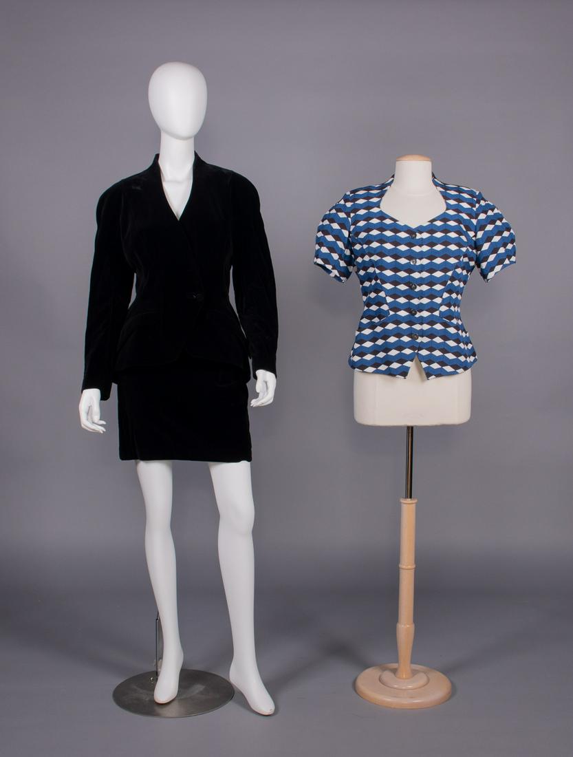 THIERRY MUGLER SKIRT SUIT & JACKET, PARIS, 1980s: 2-pc black cotton velvet skirt suit c/o fitted blazer w/ single button closure & dramatically winged tabbed pockets & miniskirt, label "Thierry Mugler Paris, Made in France, 100% Cotton", B 43", W 32"