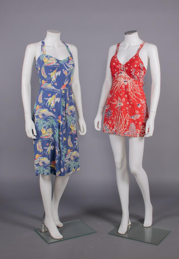 RESORT & BATHING COSTUMES, HAWAII, 1950s: 1 resist printed silk halter neck dress w/ vignettes â€œAloha Hawaii, Leis & Waikiki Beach” print, bodice lined in cotton, label "Aloha Hawaii", B 33", W 25", L 40", (hem & CF skirt seam alt