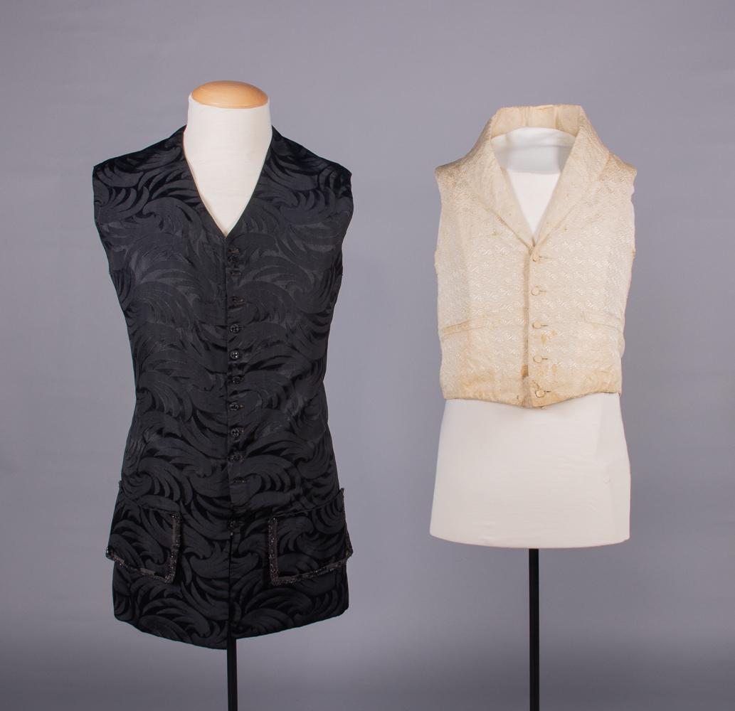 TWO SILK WAISTCOATS, 1830s & 1880s: 1 black satin & ribbed patterned silk in palm frond motif, lined in glazed cotton, black glass buttons & beads to faux pocket flaps, buckle stamped â€œParis”, 1880s in 18th C fancy dress sty