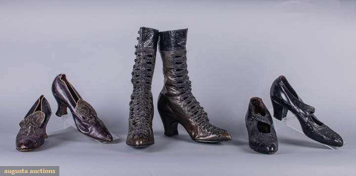 LADIES BEADED HIGHTOP BOOTS & PUMPS, AMERICA, 1880 & 1910s: 1 pair deep wine colored leather bronze beaded ladies shoes, â€œJ Cousins, New York” & â€œJW Madden Co, Denison, TX”, Ht 4.75", Wd 3", L 10.75", size 7.5", (significant creasing/we