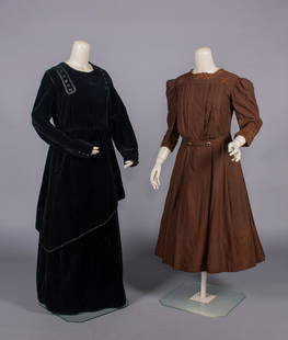 ONE MOURNING & ONE SPORTING DRESS, LATE 1900-EARLY 1910s: 1 black silk velvet w/ silk ribbon tape, black composition buttons, gimp under-bodice of ecru linen w/ mm lace edging, asymmetrical overskirt, B 38", W 31", L 53", (1 button missing left SH, many pull