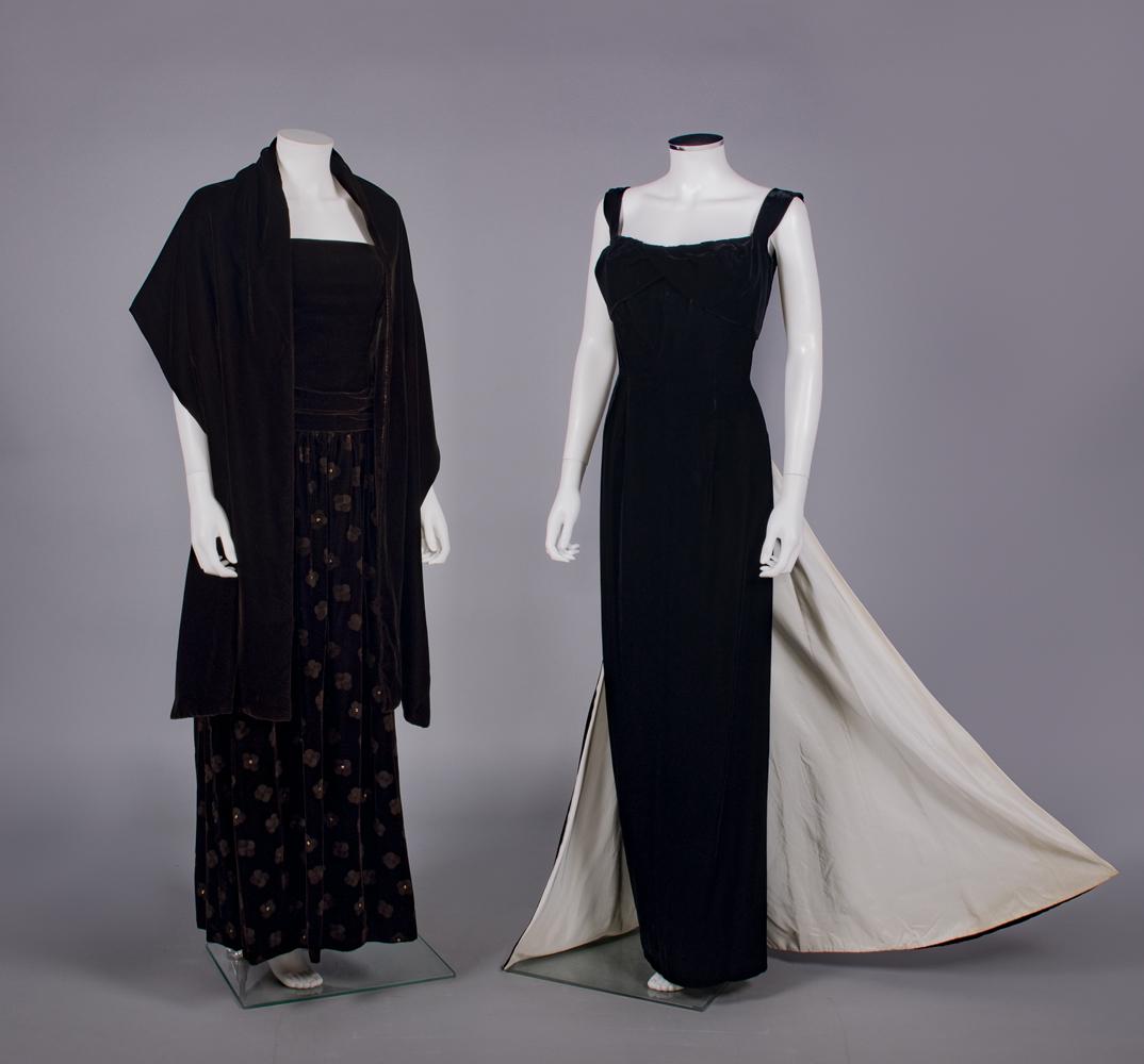 TWO REUBEN PANIS & LAMBERTINI EVENING GOWNS, AMERICA & ITALY, 1980s & 1950s: 2-pc cocoa brown silk velvet c/o strapless evening gown w/ fitted bodice, pleated cummerbund W into butterfly bow at CB, skirt w/ stamped quatrefoil motif, some w/ iridescent rhinestone centers, match