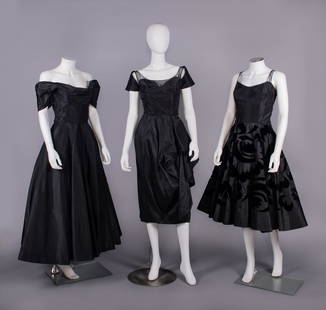 THREE SILK TAFFETA CEIL CHAPMAN PARTY & COCKTAIL DRESSES, AMERICA, 1950s: All w/ black label "Ceil Chapman": 1 w/ draped bodice into off-the-SH sleeves, fitted bodice & full skirt, B 35", W 27", L 53.5", (light stains lap & B, 1" seam opening left sleeve & 0.25" armscye) ve