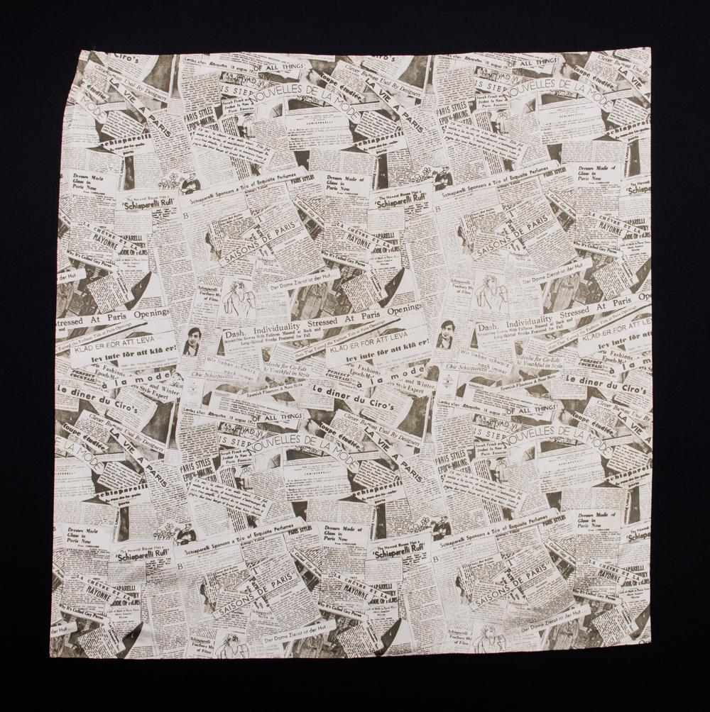 SCHIAPARELLI HEADLINE NEWSPRINT TEXTILE, PARIS, 1935: Printed silk w/ English, Swedish, German & French headlines, commissioned to commemorate the opening of the Schiaparelli atelier at 21 Place Vendome, produced by Colcombet, 35" x 35.5", (1.5" very lig