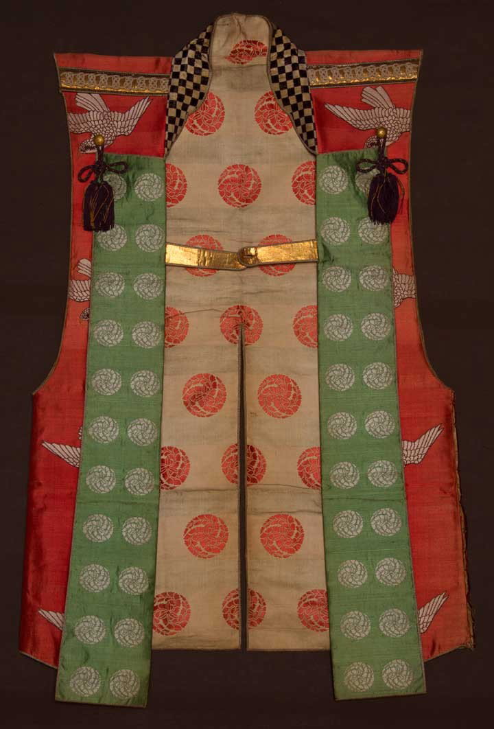 MAN'S SILK BROCADE VEST, JAPAN, 19TH C: Twill woven orange silk brocade w/ cream, dark brown & metallic gold falcons in flight, vest's upper back w/ 2 rows of 3 gold circles, vest front buttons in same 2-3 pattern, front panels of green & w