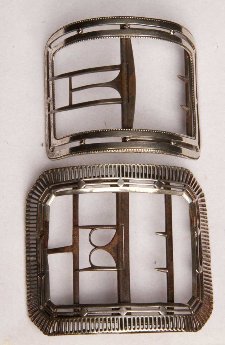 TWO GENT'S SHOE BUCKLES, MID 18TH C: 2 large unmatched silver gent's buckles, Artoise style, each w/ pierced frames, 2.25" x 3.25" & 3" x 3.5", excellent. MCNY