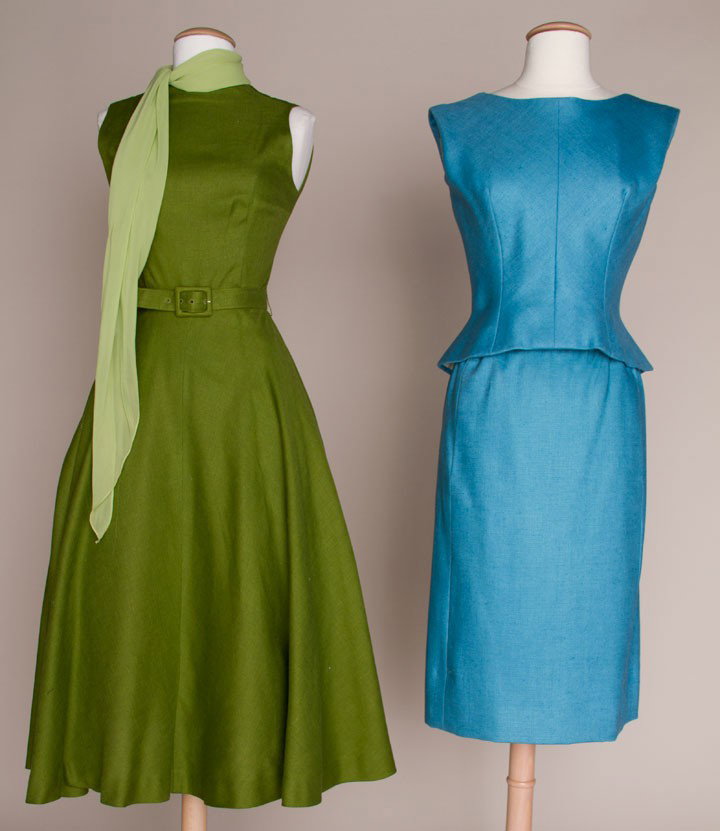 TWO AMERICAN DESIGNER LINEN DRESSES, 1955-1965: 1 1965 French blue labeled "Norman Norell" & " Filene's French Shop", 2 piece sleeveless sculpted top w/ pencil skirt, B 36", W 24", skirt L 24"; 1 1-piece green sleeveless, low V-back, circle skirt w
