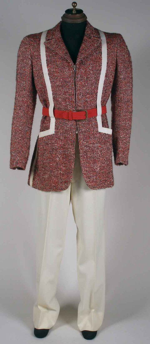 GENT'S MOD SUIT, ITALY, EARLY 1970s: Red, white & blue wool tweed suit, front-zip jacket, 2 white bands on L & R sides form loops for red cotton belt, white wool trousers, label "Brioni V Barberini, 79 Roma", hand finished, Jacket: Ch 42