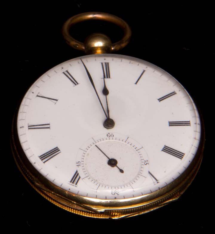 LADY'S 18K GOLD BREGUET POCKET WATCH: Engraved "Annie M Watson" & floral scene on back w/ lion, etched "18K Breguet (?illegible) 4239 5416", Diameter 1.75", excellent. MCNY