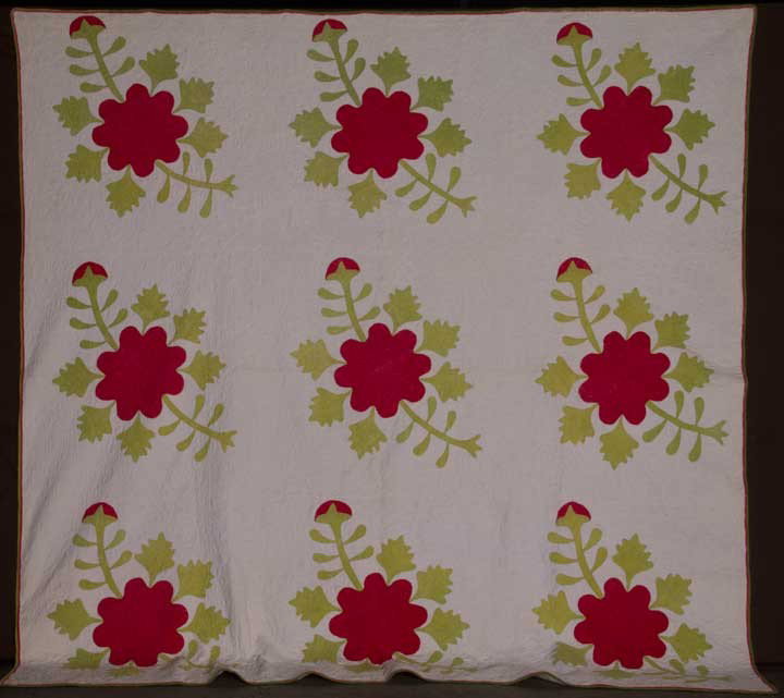 COMPASS ROSE APPLIQUE QUILT, 1860-1880: Red blossoms & buds w/ grass green foliage appliqued onto white cotton ground, white cotton backing, hand quilted in swirling foliate patterns, red & green edge binding, 86" x 86", (slight fading on g