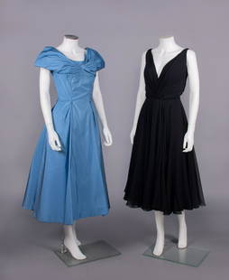 TWO CEIL CHAPMAN PARTY DRESSES, USA, 1950s: Both w/ label "Ceil Chapman": 1 blue silk w/ butterfly pleated & draped front bow to SHs, shaped bodice into CF panel, pleats on either side finished w/ spaghetti cord into tie at CB, silk souffle lin