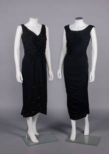 TWO CEIL CHAPMAN COCKTAIL DRESSES, USA, 1950s: Both w/ label "Ceil Chapman": 1 black crepe lined in black silk, facetted French jet drop beading, low cut V back, B 35", W 25", L 47", (loose/missing beads, loose stitches/repairs to SHs & W, light s