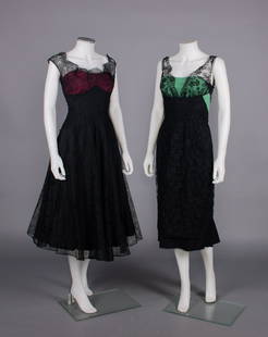 TWO CEIL CHAPMAN PARTY DRESSES, USA, LATE 1940s: Both w/ label "Ceil Chapman": 1 black silk twill w/ overlay of Chantilly lace, pleated fuchsia silk satin B band into puffs & drapes at CB, B 32", W 26", L 46", (wear/few holes to lace, minor discolor