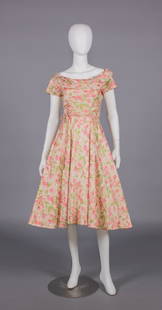 CEIL CHAPMAN PRINTED SILK PARTY DRESS, USA, MID 1950s: Floral print on white silk shantung ground w/ draped scoop neck, short draped cap sleeves, fitted bodice w/ double spaghetti cord at W, skirt box pleated into W, silk lined, B 34", W 25", L 44", (bodi