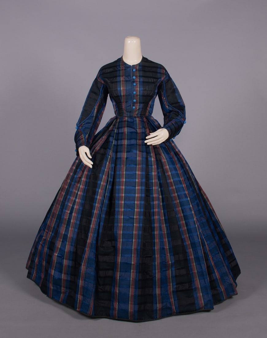 STRIPED PLAID SILK DAY DRESS, 1850s (1 of 9)