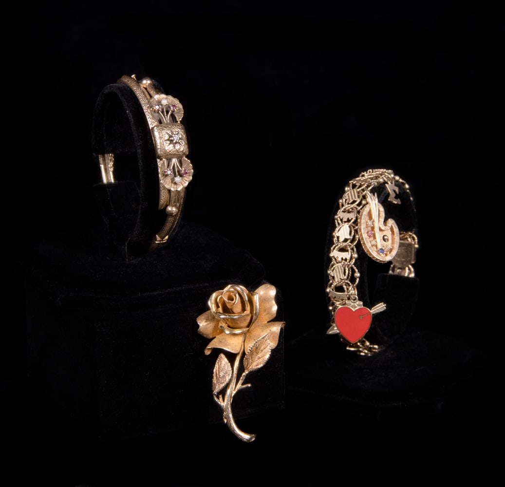 TWO 14K GOLD BRACELETS & ONE PIN, LATE 19TH-MID 20TH C (1 of 9)