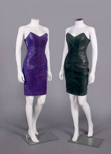 TWO MICHAEL HOBAN LEATHER & SUEDE MINI DRESSES, USA, 1980s: 2 matching strapless leather & faux suede bodycon mini dresses w/ stylized fleur de lis into SSs, lined in silk, both w/ label &#8220;Michael Hoban-North Beach Leather&#8221;: 1 dark forest green, B 3