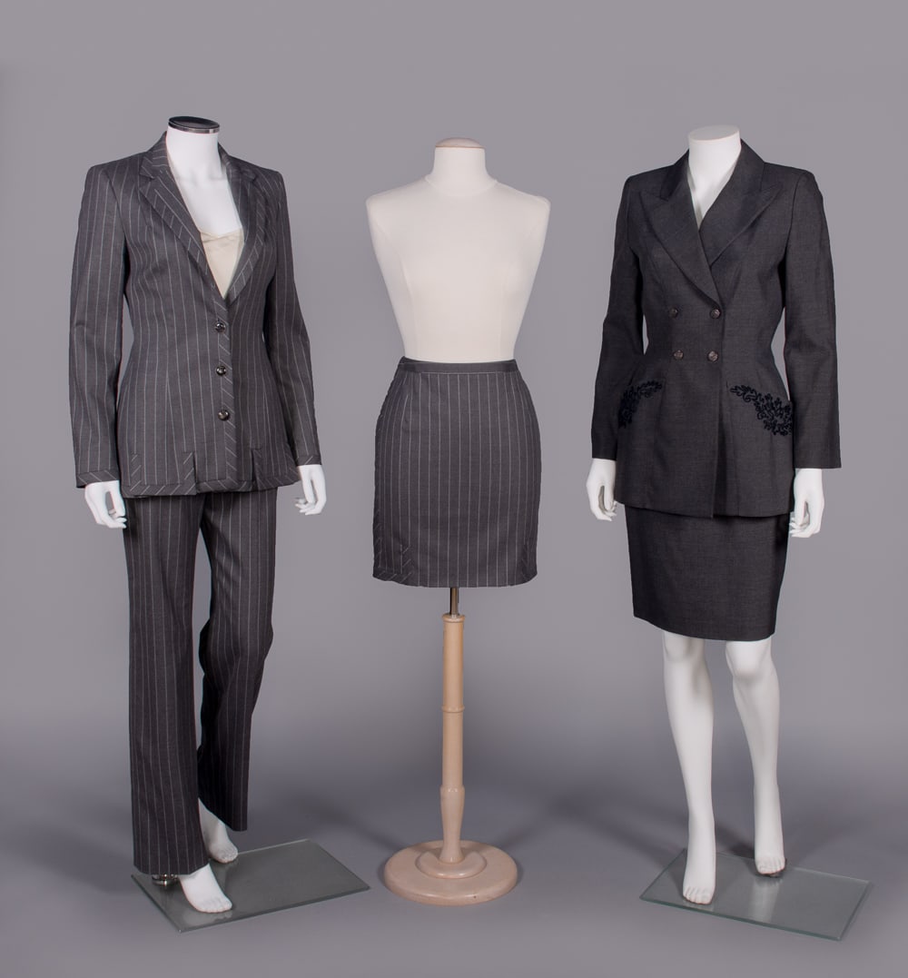 THREE PIECE DIOR SUIT & MUGLER SKIRT SUIT, PARIS, MODERN & 1990s: 3-pc interchangeable suit in striped wool blend twill c/o single breasted jacket w/ bias cut border on turnback lapels, CF, cuffs & faux pocket flaps at bottom edge, stovepipe pants & miniskirt, lined