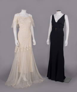 ONE SUMMER PARTY DRESS & ONE EVENING GOWN, 1930s: 1 cream party dress w/ embroidered floral openwork silk blend lace stitched into flared white silk chiffon floor length skirt & w/ chiffon edged off-the-SH drape, side zip closure, c. 1932, B 32”