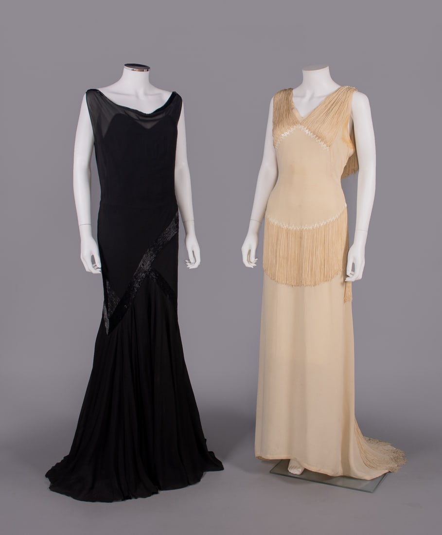 TWO BEADED OR FRINGED SILK EVENING GOWNS, USA, 1930s (1 of 11)