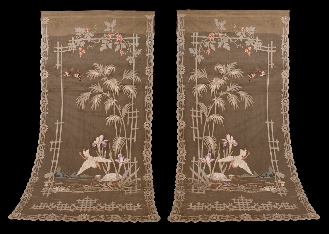 PAIR OF APPLIQUE & CHAINSTITCH EMBROIDERED CURTAINS, JAPAN, c. 1910 (1 of 10)