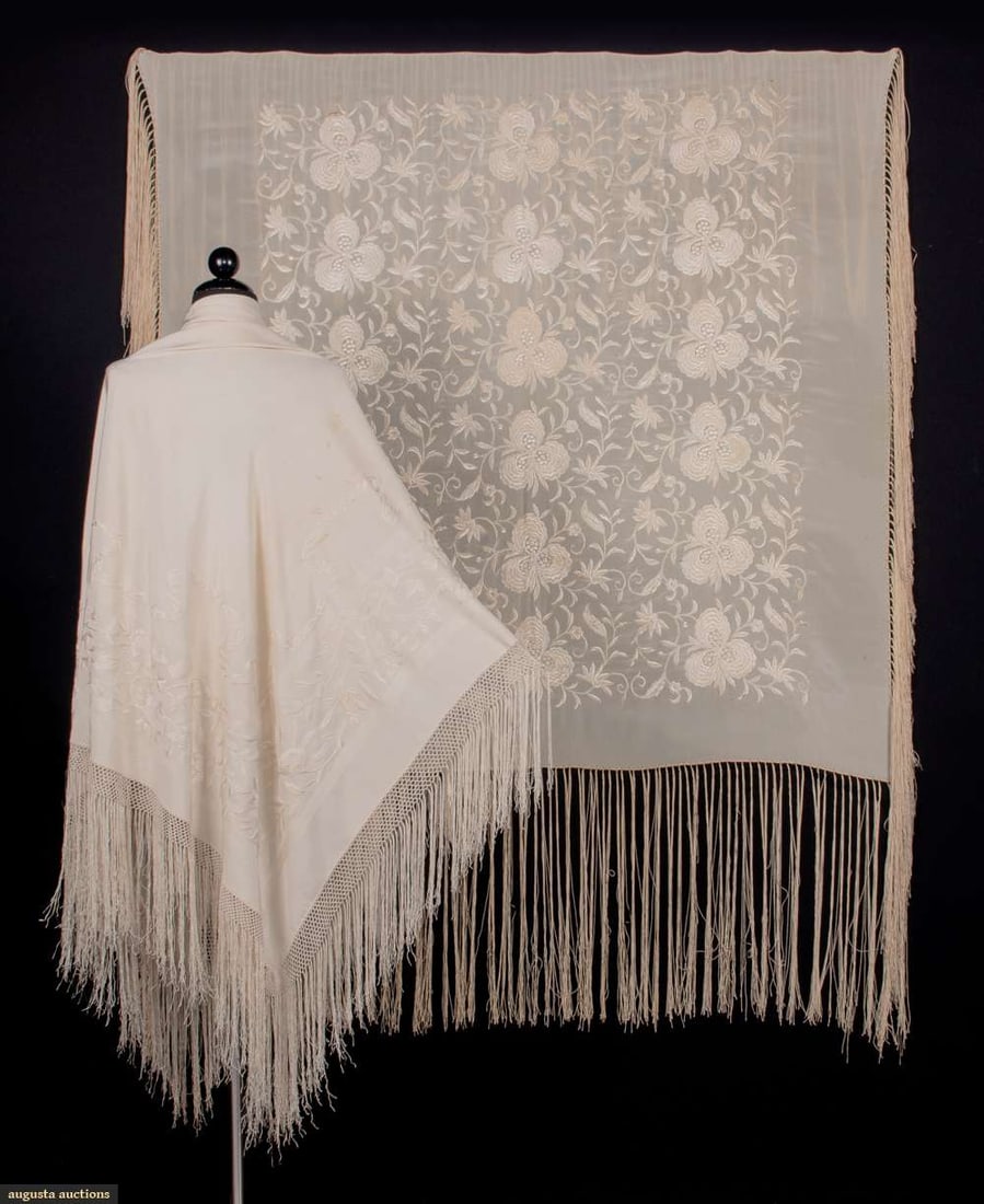 TWO CREAM CANTON SHAWLS, EARLY 20TH C (1 of 10)