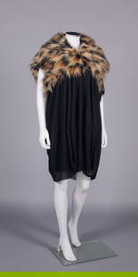 JUNYA WATANABE-COMME DES GARCONS COCOON DRESS, JAPAN, MODERN: Black silk crepe draped & pleated cocoon style dress w/ oversized faux leopard collar, label "Junya Watanabe-Comme des Garcons", B 58", L 36", (fur worn & slightly matted) excellent.