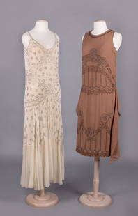 TWO BEADED EVENING DRESSES, MID-LATE 1920s: 1 sleeveless cream silk crepe w/ fine white seed beads & pronged rhinestones, V-neckline w/ slender bifurcated SH straps, fitted bodice into flared un-embroidered flutter hem, B 34”, W