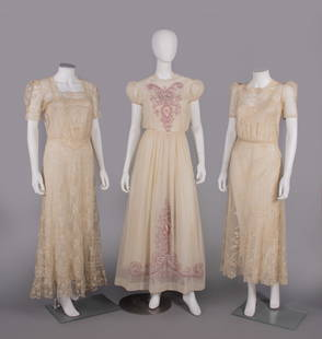 THREE AFTERNOON DRESSES, 1932-1936: 1 woven lace w/ square neckline, short slightly puffed sleeves, flared skirt w/ Tenerife style insertions, c. 1936, B 34", W 28", L 54", (slip N/I, few breaks, light discoloration/wear) very good; 1