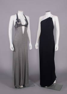 GEOFFREY BEENE & HALSTON EVENING GOWNS, USA, 1990s & MODERN: 1 heather grey jersey w/ silver lame' futurist halter top over geometric plunging V neckline, open back, full floor length skirt, label “Geoffrey Beene”, B 32”, W 28”, L 60”,