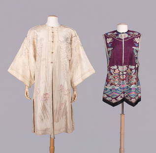 EXCEPTIONAL EMBROIDERED ROBE FOR WESTERN MARKET & KESI WOVEN VEST, 20TH C: 1 silk crepe Chinese style robe for Western market w/ Japanese silk embroidery in wisteria & iris motifs, cast brass button closures, lined in china silk, CH 44”, L 44”, (few light stains