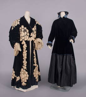 TWO SILK OR VELVET EVENING COATS, 1912-1915: 1 midnight navy silk panne velvet w/ Irish crochet applique throughout, cast rhinestone closure, silk Spanish lace engegeante cuffs, silk satin lining, c. 1915, B 44”, L 54”, (lining