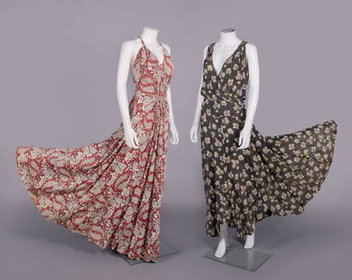 TWO SUMMER EVENING DRESSES, 1930-1937: 1 rayon knit w/ stylized boteh motif in red, cream & black, V-neckline into racerback w/ self-covered CB button closures, ruched CF W into full floor length skirt, c. 1937, B 34”, W 24”, L