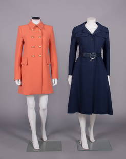 GALANOS & CHLOE PEACOATS, USA, 1980s: 1 faux double breasted dusty tangerine wool coat, domed brass buttons w/ crest, silk chiffon lining, label "Chloe", B 36", L 34", (light wear); 1 midnight navy wool w/ notched collar & lapel, CH pocke