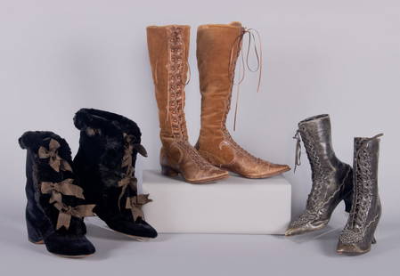 THREE PAIRS OF INTERESTING LADIES BOOTS, USA, 1890-1900: 1 pair black silk velveteen high style winter boots, label “Daniel Green Felt Shoe Co.”, 1890s, L 10.25”, Ht 10”, (few wear spots, some shedding, light sole wear, minor fraying rib